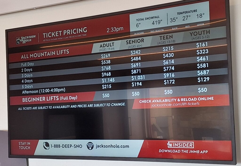 20250321_143329 - USWEST.SKI Window Ticket prices at Jackson Hole Mountain Resort on 3/21/2025.